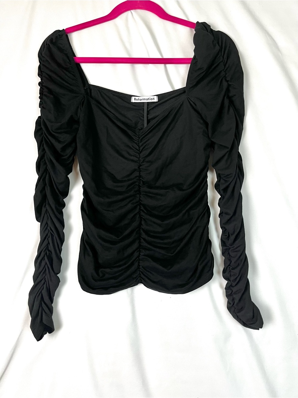 Reformation Black Esra Queen Anne Neck Ruched Long Sleeve Top Size M
